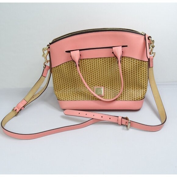 Dooney & Bourke Light Pink Beacon Woven & Smooth Leather Domed Satchel Crossbody - Picture 1 of 9